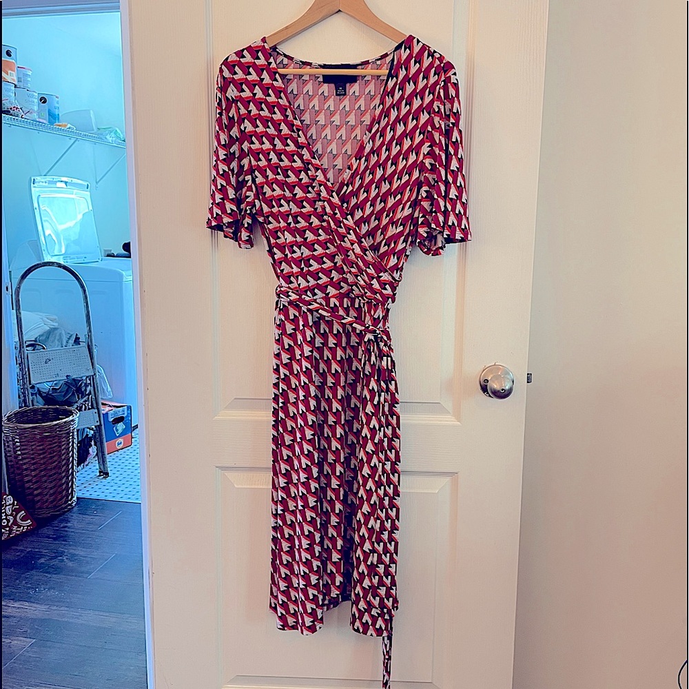 Red geometric faux wrap dress, 14